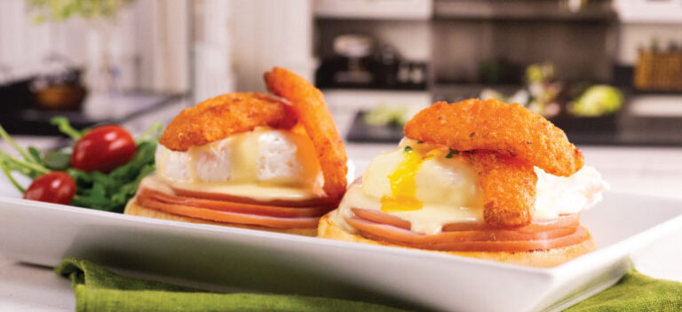 Spicy Cheddar Onion Petal Crispy Eggs Benedict